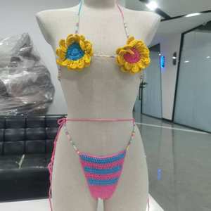 Conjunto de Bikini de Dos Piezas con Cuentas de Girasol de Ganchillo Multicolor Personalizado 2025, Cuello en V, Estampado Floral, Talla para Mujer - Product Image 5
