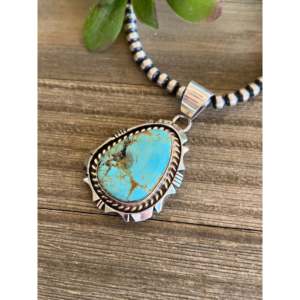 Collier pendentif en argent sterling turquoise Eddie Secataro Royston avec chaîne perlée, cadeau de mariage - Product Image 3