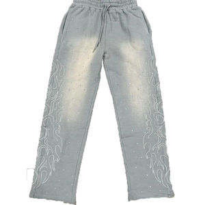 กางเกงวอร์มผู้ชายผ้าฝ้ายเนื้อหนักทรงโอเวอร์ไซส์แบบมีเชือกผูกเอว ล้างสีแบบแอซิดวอช คุณภาพสูง แบบเรียบๆ ไม่มีลาย - Product Image 4