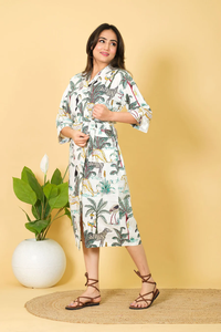 Bata Kimono Ligera 100% Algodón con Cuello en V y Cordón Ajustable, Estampado Tropical, Largo hasta la Rodilla, Ropa de Dormir para Mujer - Product Image 3