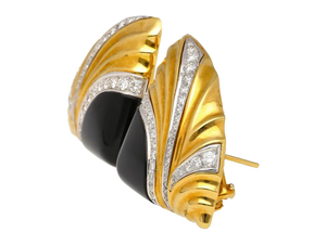 ต่างหูเพชรรูปทรงเรขาคณิตโอนิกซ์และเพชรธรรมชาติทำจากยาง18K สีเหลืองทองและทองคำขาวสำหรับผู้หญิง - Product Image 3