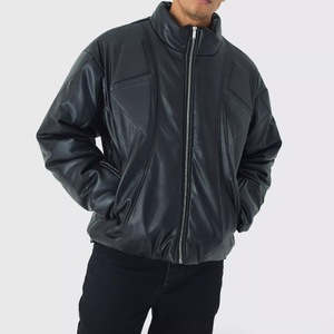 Blousons en cuir PU personnalisés avec logo pour hommes - Col montant, rembourrés devant, coupe slim, imperméables, style moto, hiver - Product Image 1