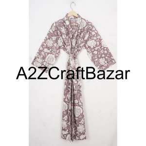 Robe kimono de luxe pour femmes, élégante, romantique, à imprimé floral, respirante, à manches longues, col en V, fermeture à ceinture, douce, 100% coton, faite à la main - Product Image 2