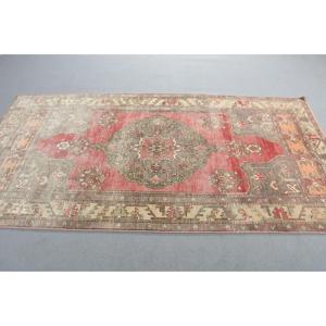 Turkish Vintage Area Rug 4,2x8,3 ft, Red <b>Brown</b> Ikat Wool Rug - Product Image 2