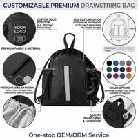 Sac à dos polyvalent noir avec cordon de serrage, compartiment à chaussures, sac réfléchissant pour la gym, sac de sport multi-poches pour l'entraînement