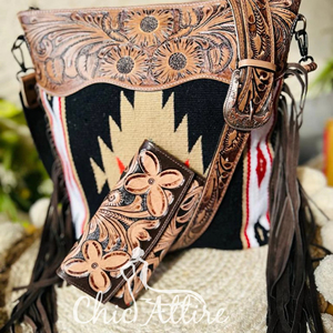 New Bohemian Hand Tooled Leather Saddle <b>Blanket</b> Tassel Handbag Stylish Hand Carving Leather Floral Wallet Combo Set for Women's - Product Image 1
