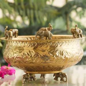 Pure Brass Traditional Design Urli with <b>Elephant</b> Statue Embossed for Diwali Occasions - Product Image 1