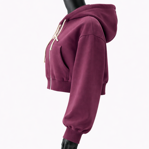 Sudadera con capucha corta de forro polar con cremallera completa para mujer, manga abullonada, capucha con cordón, color liso, logotipo personalizado, OEM, marca privada - Product Image 4