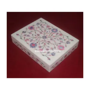 Grossista marmo bianco blu e rosa madreperla intarsiato modello personalizzare collana di lusso e anello confezione scatola di gioielli