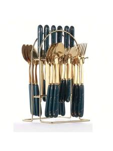 Luxury Wedding Eco-Friendly Heavy Duty Food Safe Gold Navy Blue Silverware Set Marble Pattern Wood Handles Gold Plated Utensils - Product Image 2