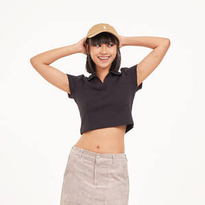 Femmes noir gaufré à manches courtes col en v pour Polo haut court nouveau Design motif solide décontracté mode respirant femmes pour Polo - Product Image 4