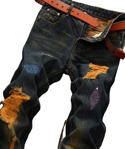 Mens Vintage Distressed Ripped Breathable Denim <b>Jeans</b> <b>Button</b> Regular Fit Cotton Streetwear Dark Winter Y2K Trendy Urban - Product Image 2
