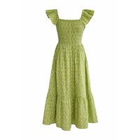 Robe midi évasée respirante à col carré et manches courtes, motif floral tissé, ourlet à volants, taille naturelle, style vintage, en maille, pour l'automne