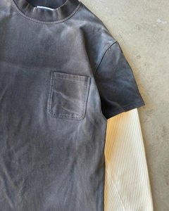 Vintage lavé manches longues Double couche gaufré tricoté manches col rond surdimensionné poche avant 100% coton été T-Shirts - Product Image 4