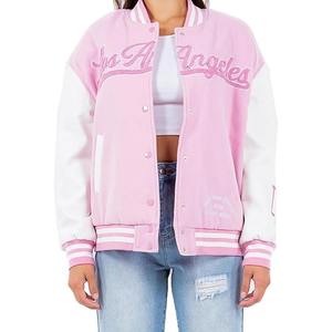 Pink White Varsity <b>Jacket</b> With Los Angeles <b>Glitter</b> Print Front Chain Embroidery Adult Unisex Sportswear - Product Image 5