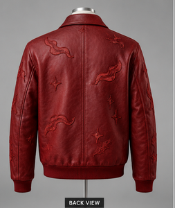Blouson Bomber Moto Homme en Cuir PU Rouge, Zippé, Brodé, Gaufré, à Paillettes, Style Vintage, Vêtement d'extérieur Hiver - Product Image 2