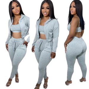 Custom Bulk Blank Winter <b>Women's</b> Plus Size 3-Piece Sweat Suits <b>Jogger</b> Set High Quality 100% Cotton Fleece Streetwear Tracksuit - Product Image 5