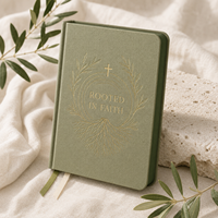LABON Carnet de prière personnalisé A5 « Enraciné dans la foi », couverture rigide en PU vert sauge, pour étude biblique et dévotion, avec rubans, cadeau OEM ODM