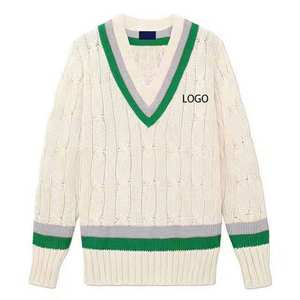 Pull en maille torsadée à col en V unisexe personnalisé OEM, bleu et rose, en laine/acrylique, avec logo personnalisé sur le devant, vêtement décontracté d'hiver - Product Image 4