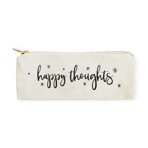 Trousse à crayons portable en toile de coton Happy Thoughts avec motif de lettres, double usage comme pochette de voyage - Product Image 1