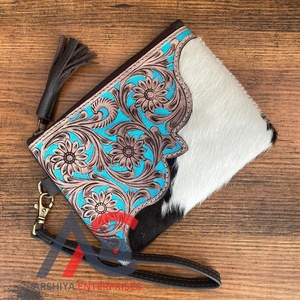 New Hand <b>Tooled</b> Cowhide Leather Zipper Travel <b>Makeup</b> Pouch for Women's High Quality Genuine Leather Wristlet Tassel Clutch Purse - Product Image 1