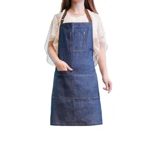 Оптовая продажа, регулируемый черный джинсовый фартук с синим ремешком на шею, джинсовый фартук для кофейного цветочного магазина BBQ