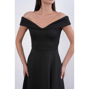 Robe mi-longue à coupe évasée en tissu non tissé extensible pour femmes, 100% polyester, sans bretelles, col en V, style décontracté, taille naturelle, noir 77128 - Product Image 4