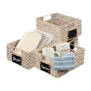 Top shopping White Woven Kitchen Organizers w/Chalkboard Label, Chalk Marker Water Hyacinth Pantry Baskets