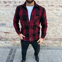 Erkekler Smart Casual Overshirt saten uzun kollu çift göğüslü düğme ekose Shacket gömlek Streetwear giyim moda üst cepler