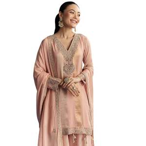 Vente de gros Costume de palazzo en organza rose avec broderie zari et miroir Vêtements ethniques pour femmes Fournisseur en gros d'usine de vêtements OEM - Product Image 4