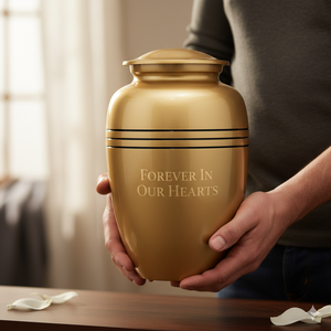 Urne funéraire en laiton doré de conception classique pour cendres humaines adultes, vente en gros |   Bandes noires en métal pour articles funéraires |   Collections Maaz - Product Image 2