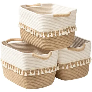 Factory Handmade Cotton Rope Closet Organizer Bins Woven Basket Cotton Rope Storage Basket For Shelf Wardrobe Organizing