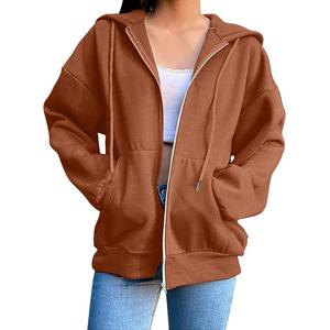 Sudaderas con capucha de mujer con hombros caídos de Color sólido en blanco personalizadas a la moda sudaderas con cremallera de peso pesado para mujer - Product Image 1