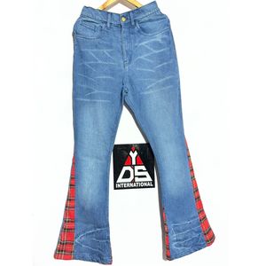 Jeans à jambes larges pour hommes, style streetwear, 100% coton, personnalisables avec des patchwork à carreaux et des effets de délavage à l'acide et d'autres techniques - Product Image 1