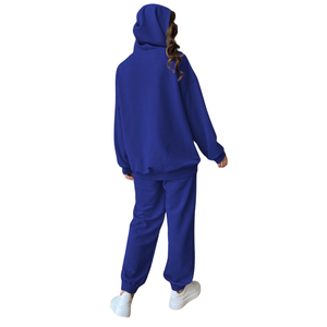 Jersey de algodón azul 100% para mujer, y pantalones Sudadera con capucha para correr, chándal con patrón sólido y hombros caídos, conjunto de dos piezas de invierno - Product Image 2