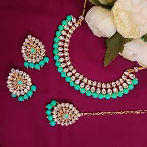 Joyería India gargantilla Kundan cristal imitación perla collar pendientes Maang Tikka cabeza cadena Bollywood Boda nupcial conjunto - Product Image 2