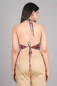 Chemise sans manches en coton marron à imprimé artisanal, dos nu, col rond, taille unique, confortable et facile à porter au quotidien - Product Image 3