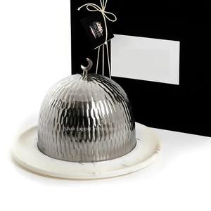 White Marble Serving Plate with Metal Dome Restaurant and Hotels Decorative Cake Serving <b>Round</b> <b>Tray</b> with Silver Cover - Product Image 1