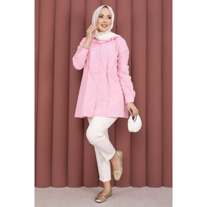 Chemise décontractée en popeline tricotée pour femme Alin, taille XL, boutonnée, imprimé simple et tendance, plissée, tissée, longue, vêtement d'été rose - Product Image 4
