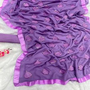 Última pesada Georgette bordado Saree exclusivo Zari secuencia trabajo elegante indio tradicional nupcial boda fiesta desgaste invierno - Product Image 1