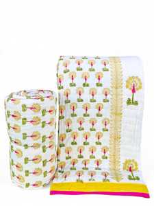 Juego de edredón Kantha reversible hecho a mano indio algodón suave tamaño King con estampado de bloque de mano floral Amarillo Blanco precio al por mayor - Product Image 2