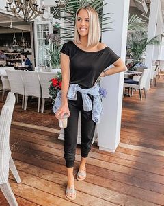 Combinaison tricotée pour femme, épaules dénudées, couleur unie, taille haute, coupe ample, décontractée, printemps-été, longueur cheville, manches courtes - Product Image 5