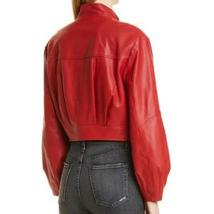 แจ็กเก็ตบอมเบอร์แฟชั่นหนัง PU สีแดง2025สำหรับฤดูหนาวของผู้หญิงมีซิปคอตั้งโลโก้ด้านหน้าแบบพกพามีสไตล์กำลังมาแรง - Product Image 2