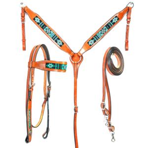 Ensemble de collier de poitrine de serre-tête de cheval en cuir de vachette équestre occidental en cuir de vachette marron usiné à la main pour équitation Cowboys - Product Image 1