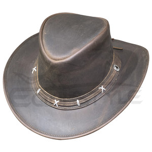 Custom Logo Western Cowboy <b>Hat</b> Genuine <b>Leather</b> Wide Brim Australian Style Outdoor Travel Adventure Low MOQ <b>Leather</b> <b>Hats</b> - Product Image 1