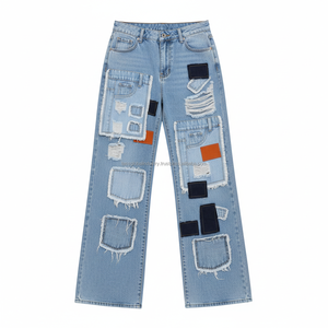 Vaqueros de cintura alta con patchwork para mujer, pantalones cargo vintage de pierna ancha, vaqueros holgados desgastados, nueva llegada, ropa urbana - Product Image 3