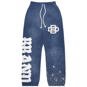 Personnalisé ample 100% coton strass cristal large jambe pantalon français éponge lavé Double taille droite survêtement pantalons de survêtement hommes - Product Image 4