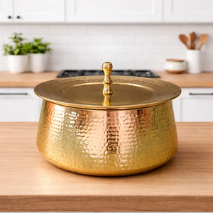 3 Pieces Hammered Brass Biryani Handi Round Shape Biryani <b>Cookware</b> Pot For Kitchen Stovetop Cooking Handi With Lid - Product Image 5