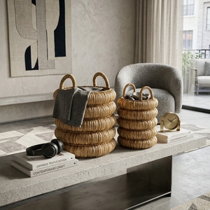 Natural Hand Woven Water Hyacinth <b>Storage</b> <b>Basket</b> Set <b>Stacked</b> Donut Ring Coiled Tier Arch Handle Planter Setup Decor Pure Art - Product Image 6