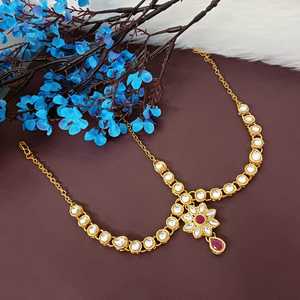 Indian Traditional Flower Design American Orange and <b>White</b> Kundan Diamond 14k Gold Plating Mangtika <b>for</b> <b>Women</b> and Girls - Product Image 3
